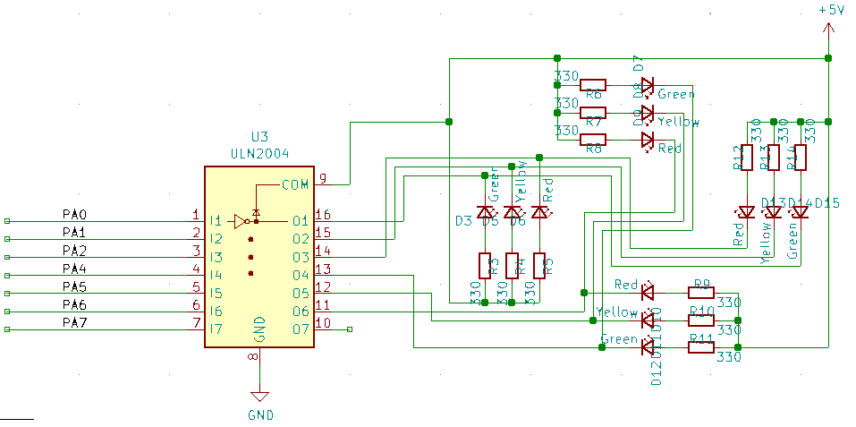KiCAD schema of traffic lights for a crossroad.