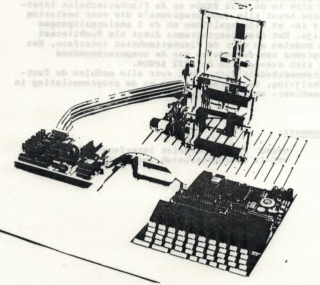 Black and white image of a MPF-1P, Fischertechnik interface 
 and a construction with Fischertechnik modules