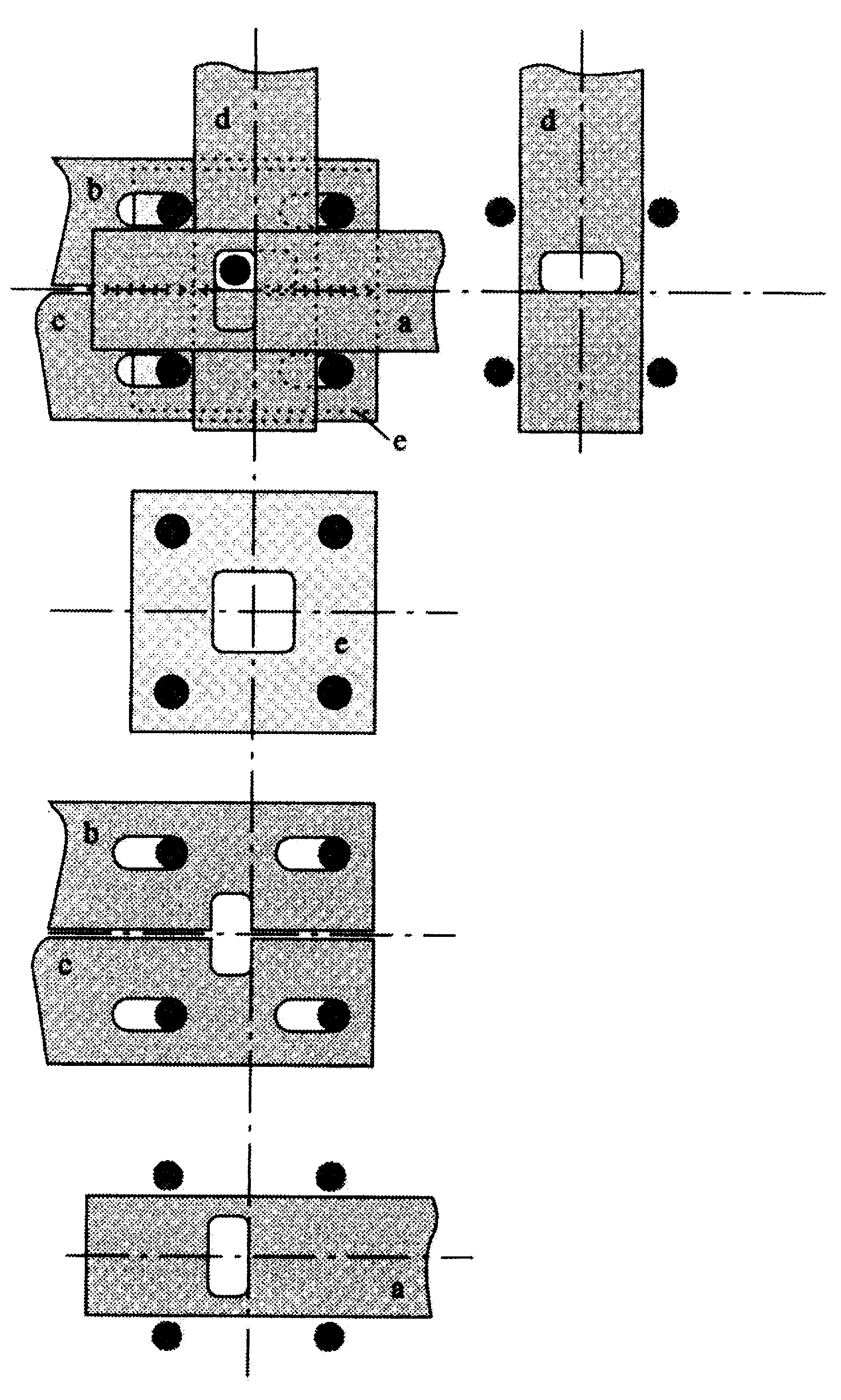 Image 3. Variant of the first switching element, shows plates a to e stacked together and separate