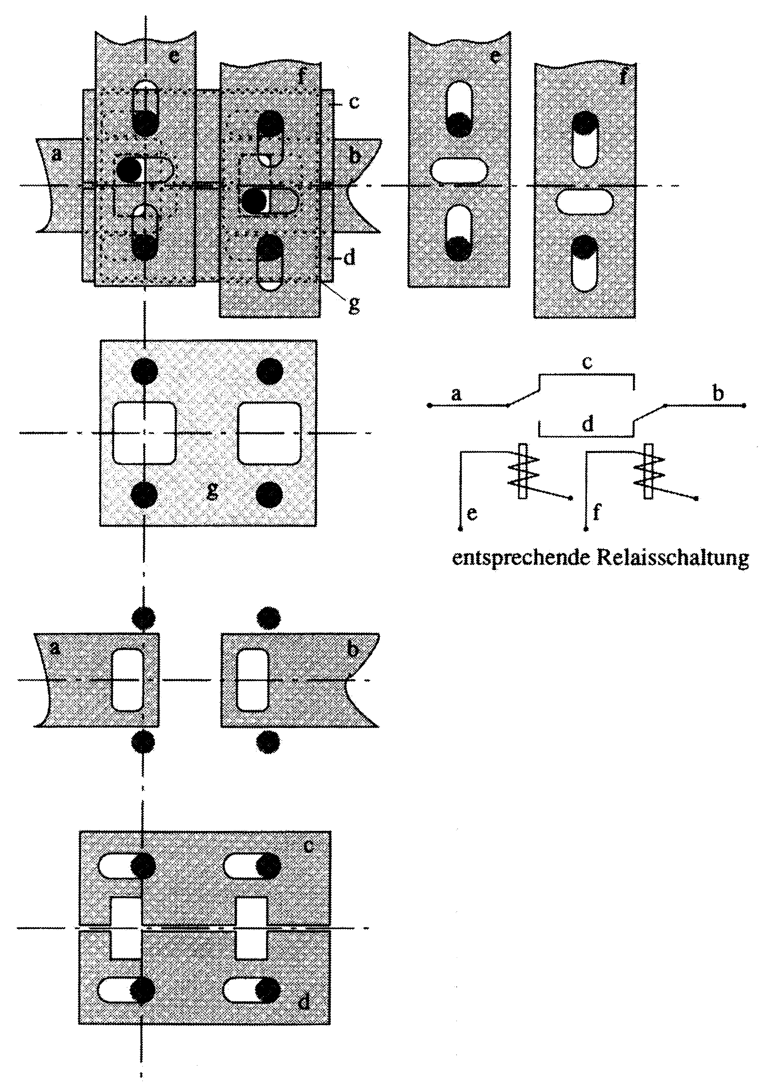 Image 4 Circuit of the logic equivalent, shwoing stacked plates, separate plates and a schematic relay equivalent
